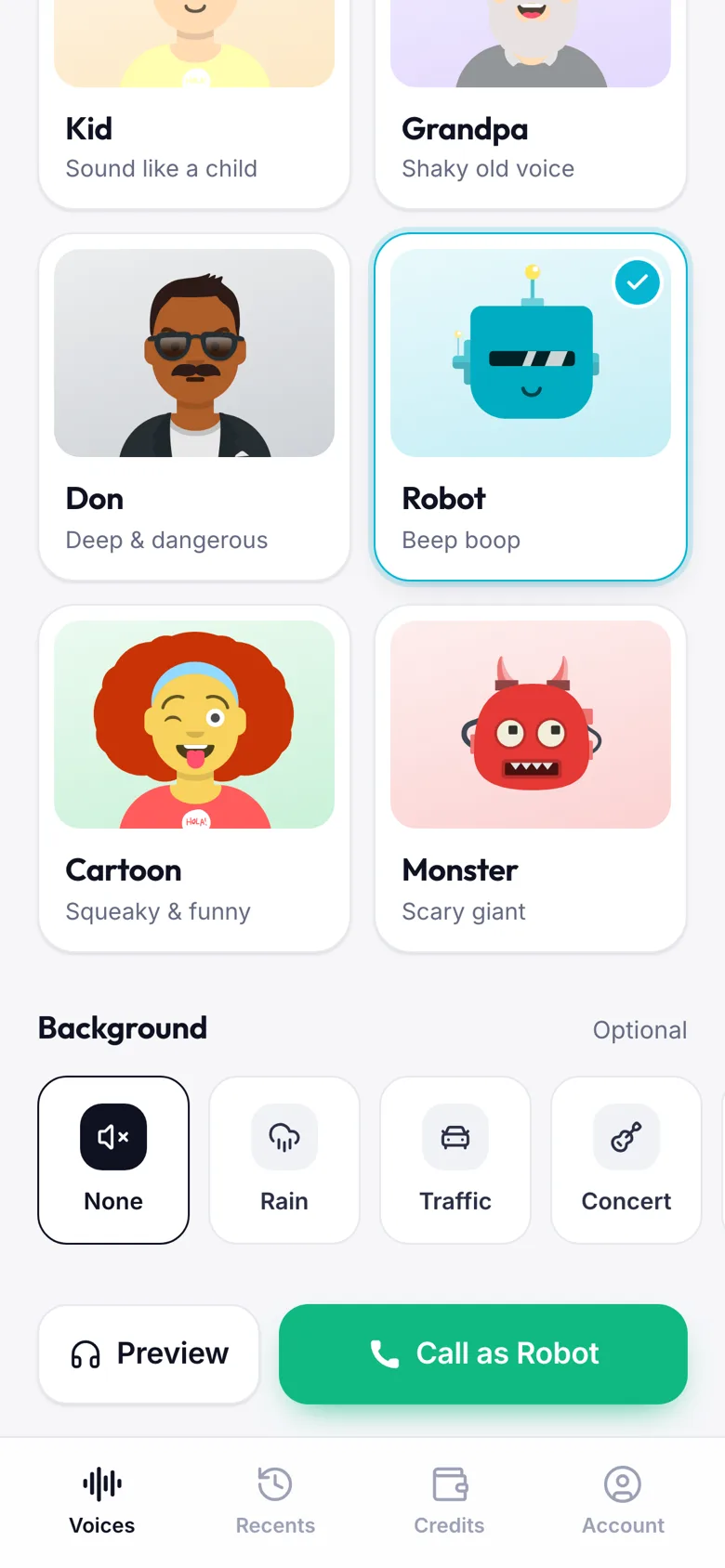 Voice grid with Robot selected and background options: None, Rain, Traffic, Concert
