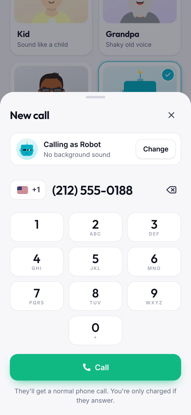Dialer sheet calling as Robot with a US number entered